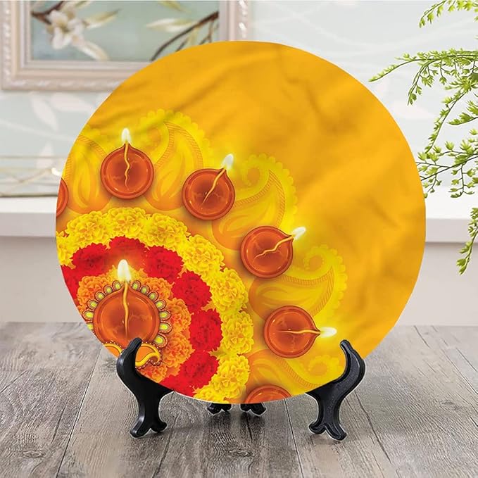 Decorative Plates, Diwali Print Ornament, Flowers Diwali Festive, 10 Inch, 1 Plate with 1 Display Stand, Multicolor