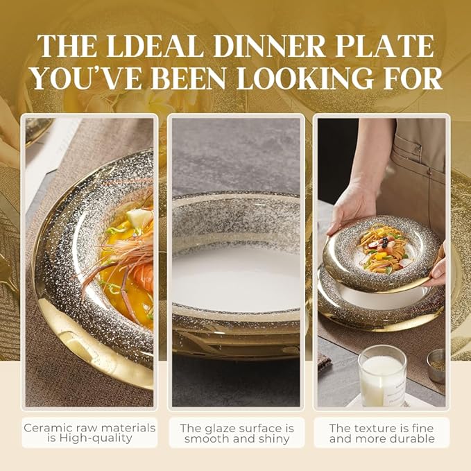 8-inch Ballet Plate Set of 4, Starburst Design Gold & Silver Accent Dinner Plates, 20cm Food-Safe Porcelain for Fine Dining & Gifting