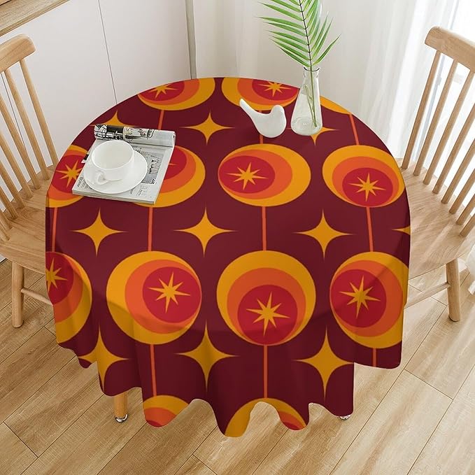 Modern Mid Century Round Tablecloth, Abstract Vintage Geometric Print Tablecloth for Home Party Dining Room Kitchen Decor 60Inch(152cm)