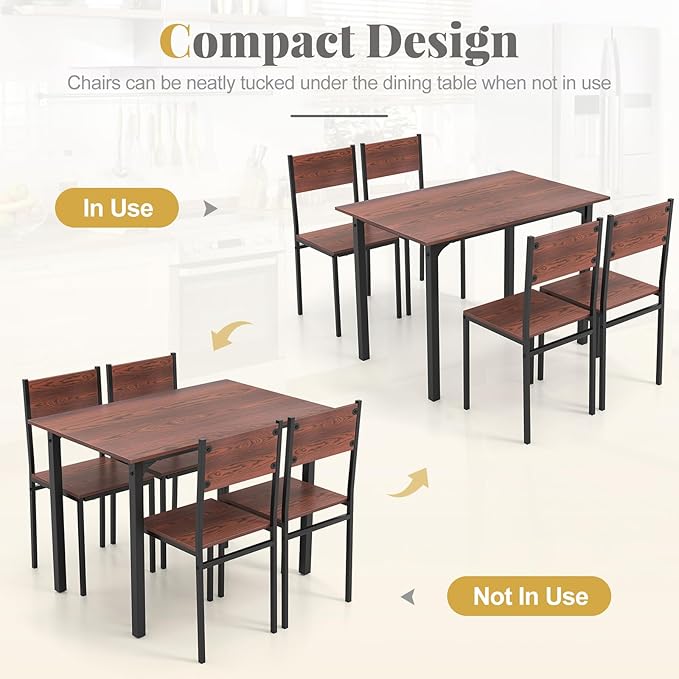 COSTWAY Dining Table Set for 4, Rectangular Kitchen Table and Chairs Set with Backrest, Metal Frame, Space-Saving Dinette Set, Breakfast Nook Table Set for Small Space, Apartment, Dorm (Walnut)