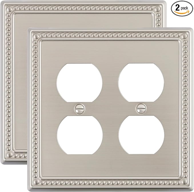2-Pack Double Duplex Outlet Cover, Brushed Nickel Metal Switch Plates and Outlet Covers, Pearls Decorative Wall Plates for Electrical Outlets, 2 Gang Receptacle Cover, Corrosion Resistant