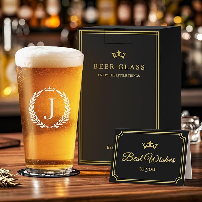 Personalized Beer Glasses Gifts for Men, 16 oz Pint Glasses Monogrammed A-Z Drinking Glass Cups Customized Gift, Unique Christmas Anniversary Birthday Gifts for Men Him Dad Brother Husband Grandpa (J)