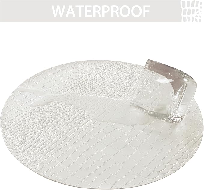Jovono Round Leather Placemats for Round Tables Set of 6, White Place Mats and Coasters, Wipeable Waterproof Heat Resistant Table Mats Easy to Care for Indoor Decor 14 inch Diameter