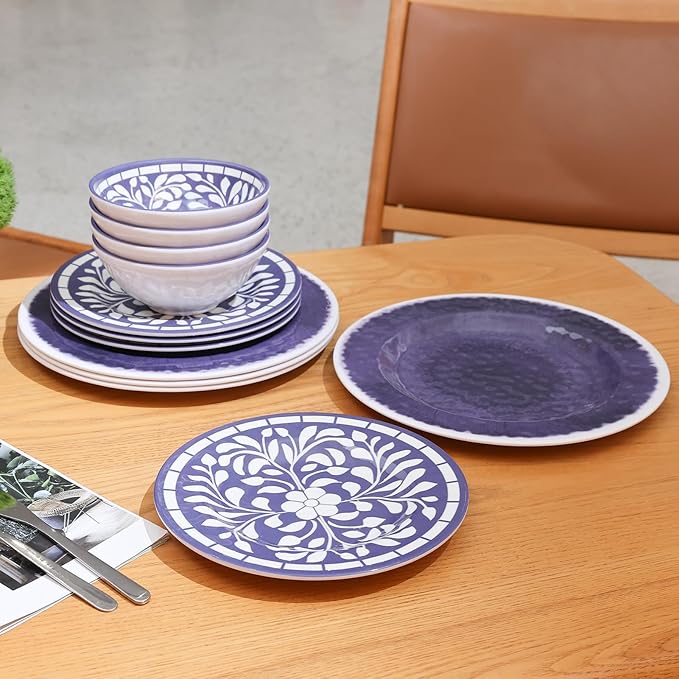 Melamine Dinnerware Set, 12 Pieces Plates and Bowls Set, Unbreakable Dish Set,Lightweight,Camping,Dishwasher Safe,Service for 4, Blue-purple