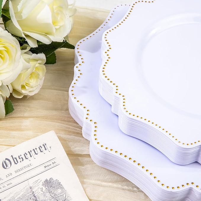 COLOSUS 60pcs Disposable Plastic Plates Set, Gold White Party Plates, 30pcs Dinner Plates and 30pcs Salad/Dessert Plates for Wedding, Party, Anniversary, Daily Use,New Year