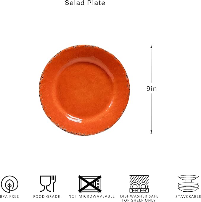Melamine Salad Plates Set of 6, Lightweight Dessert Plate, 9 Inch Small Dinner Plate, Farmhouse Plates for Lunch, Cake, Bread, Snack, or Appetizer, Orange Color