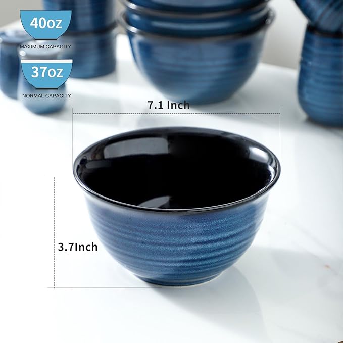 MEKY Soup Bowls Set of 4,40 OZ Large Ceramic Cereal Bowls, 7 Inch Deep Serving Bowls for Ramen, Pho, Salad, Pasta, noodles, Decor and Housewarming Gift, Dishwasher & Microwave Safe, Blue