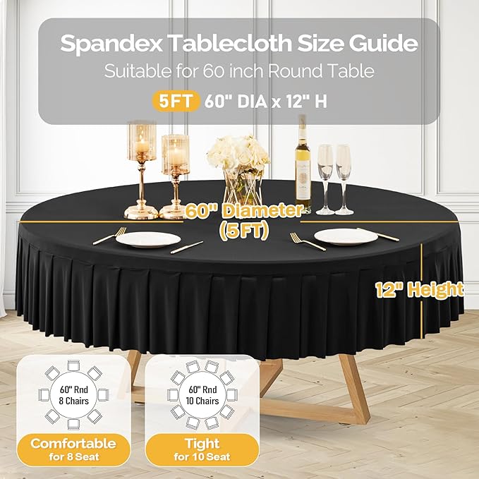 2 Pack Black Spandex Round Tablecloths for 60 Inch Tables, Stretchy Fitted 5FT Cloths, Wrinkle-Free Cover With Skirt for Wedding Party Dining Banquet