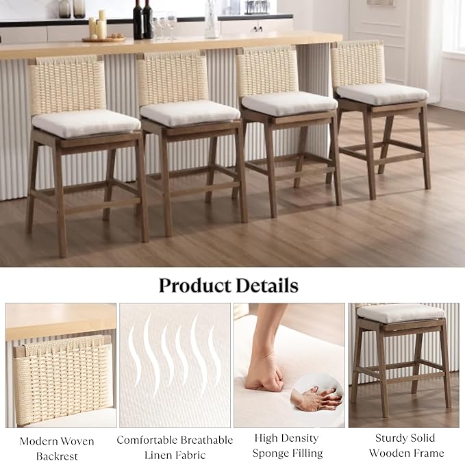 Counter Height Bar Stools Set of 2, 27” Linen Fabric Upholstered Counter Stools with Back, Modern Woven Barstools Mid Century Farmhouse Wooden Bar Chairs for Kitchen Island Dining Room, Beige