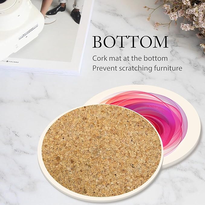 Boho Set of 6 Coasters for Drinks Absorbing Round Ceramic Stone Coaster with Cork Base,Tabletop Protection Mat for Mugs and Cups,Office,Kitchen (Colorful Halo)