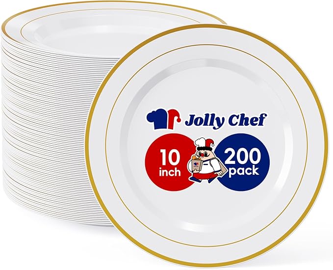 JOLLY CHEF 200 Pieces Gold Plastic Plates, 10 Inch Elegan Disposable Plates White Plate with Gold Rim,Plastic Plates for Christmas、Birthdays and Weddings