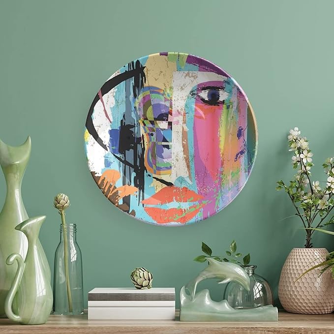 Ceramic Plates, Abstract Decorative Ceramic Plates, Woman Face Art Paint Strokes and Splashes Eye Red Lips Grungy, 10 Inch, Household Plates Decorative, Multicolor