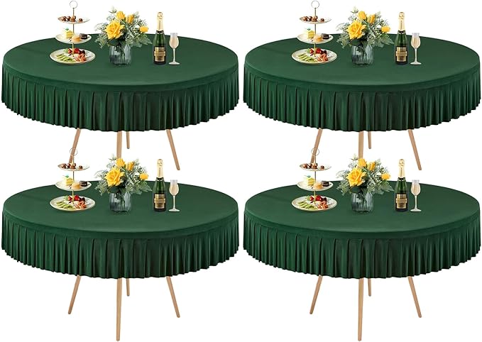 4 Pack Hunter Green Spandex Round Tablecloths for 72in Table, Stretchy Fitted 6FT Round Table Cloths, Wrinkle Free Table Cover with Skirt for Wedding Birthday Party Bridal Shower Banquet