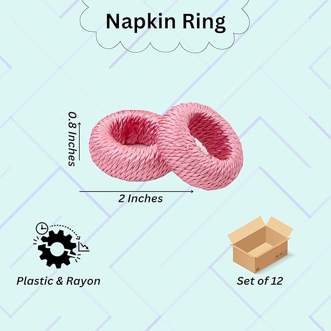ALPHA Living HOME Napkin Rings for Dinner Table Set of 12 - Handmade Rayon Farmhouse Table Decor, Boho Chic Wedding Accessories, Holiday Party Decor, Dining Table Setting (Pink)