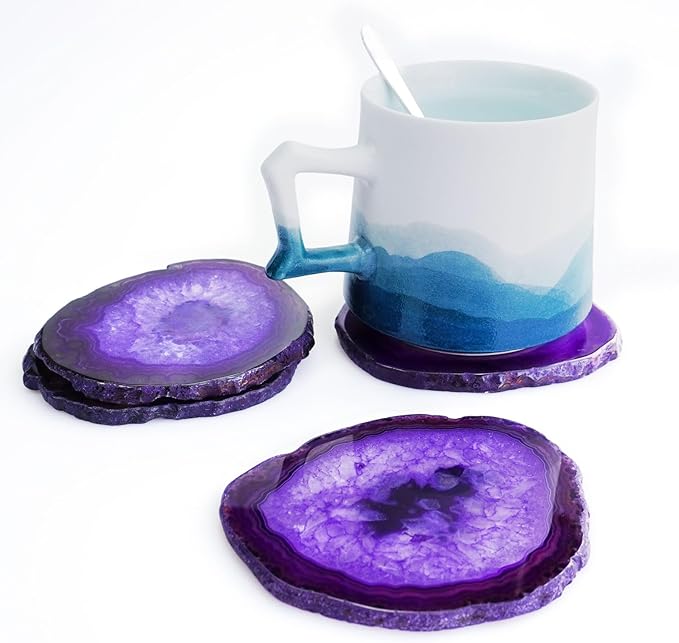Purple Agate Slices Large Crystal Geode Coasters Set of 4 with Rubber Bumpers - Unique 4-5 Inch Dyed Stone Drink Cup Coasters for Home Decor, Coffee Table, Bar Accessories