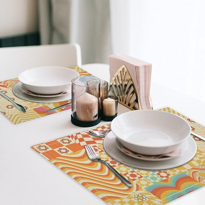 60S 70S Hippie Flower Placemats，Groovy Floral Table Mats for Kitchen Table Boho Vintage Flowers Groovy Aesthetic Placemats for Kids Girls Teens 18"x12" 6 PCS