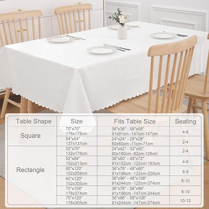 Smiry Rectangle Table Cloth, Waterproof Heavy Duty Vinyl Tablecloths, Wipeable Washable Table Cover for Kitchen and Dining Room (White, 70" X 108")