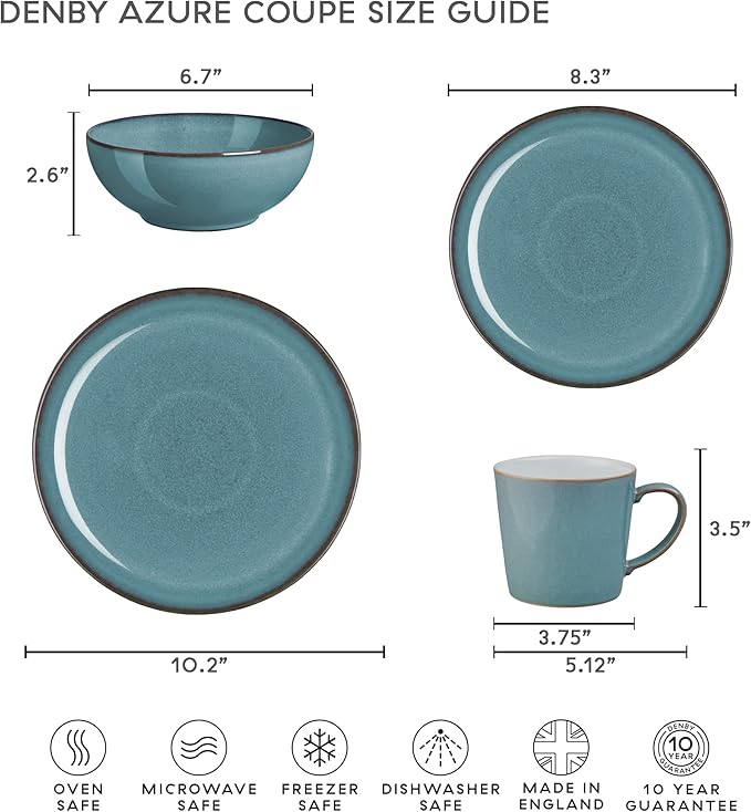 Denby - Azure Coupe Dinner Plate - 10.25in Single Large Dinnerware, Lunch Plates For Everyday Use - Blue Ceramic Stoneware Tableware - Dishwasher & Microwave Safe - Scratch Resistant