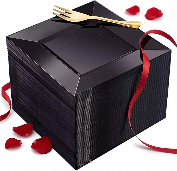 supernal 200pcs Black Dessert Plates with 100pcs Gold Dessert Forks,100pcsElegant Appetizer Salad Plastic Plates,Black Square Cake Plates for Party,Birthday, Wedding,Afternoon Tea