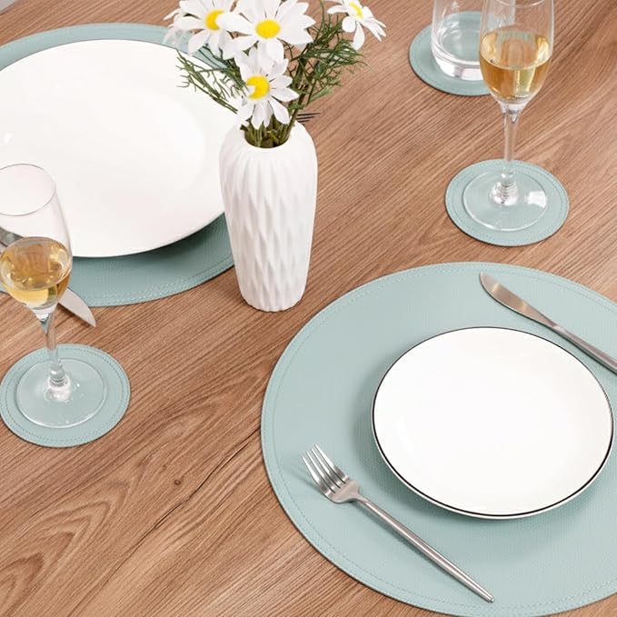 Faux Leather Round Placemats and Coasters, Coffee Mats Kitchen Table Mats, Waterproof, Easy to Clean for Kitchen Dining Round Table, Set of 4