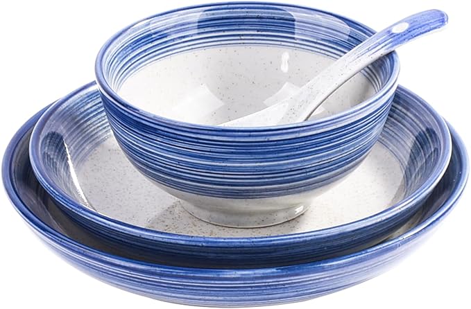 4-Piece Blue Ceramic Dinnerware Set, Plate, Dish, Bowl, Spoon, Japanese Hand-painted Tableware set, A Good Tableware (BS)