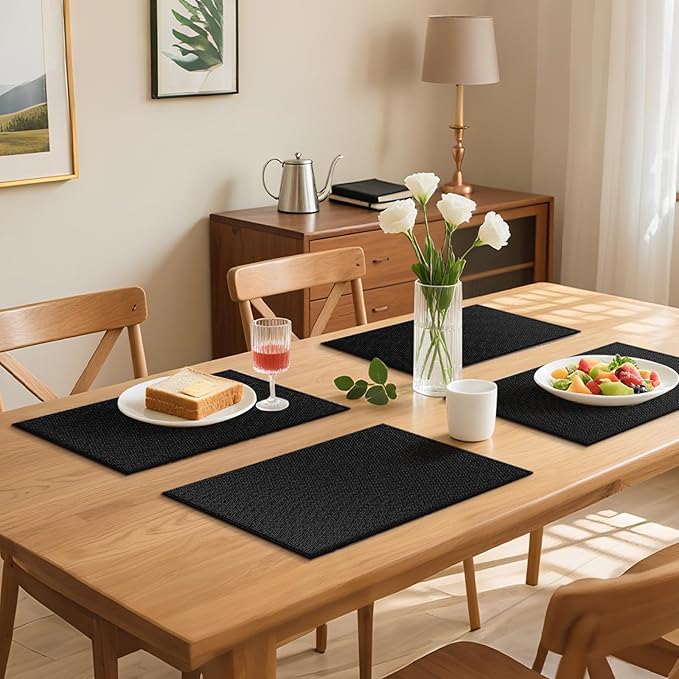 Blue Forest Placemats Set of 8, Dual-Layered Thickened Faux Linen Table Mats Heat Resistant Machine Washable Wrinkle Free Place Mats for Kitchen Dining Outdoor/Indoor (Black)