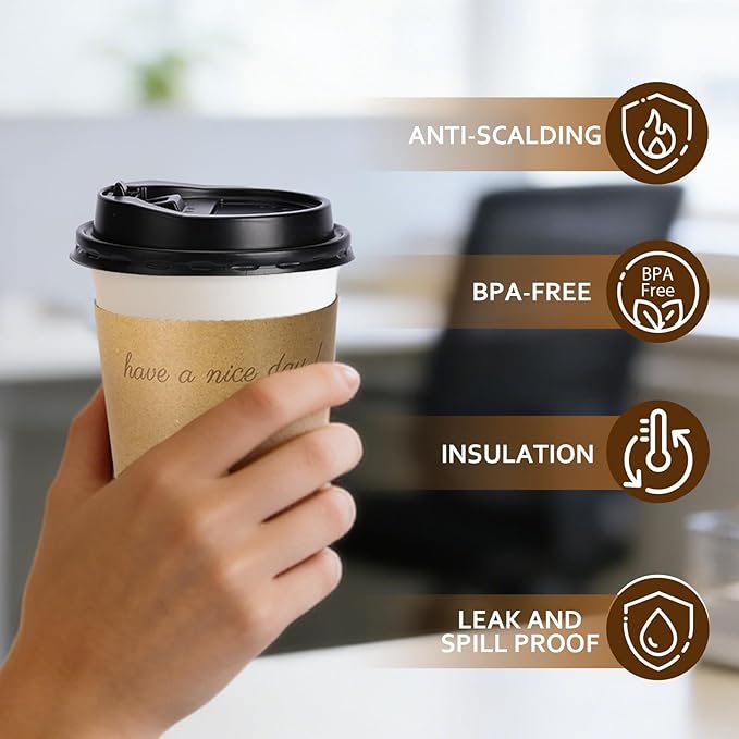 100 pack 10 oz Disposable Coffee Cups with Lids,To Go Coffee Cups for Home, Office, Cafes and Party (White 10oz)