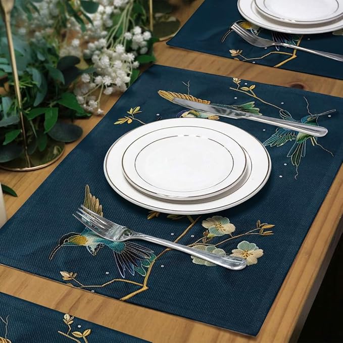 12"x18" Navy/Green Hummingbird Golden White Flowers Placemats Set of 4 Washable Thick Place Mats Kitchen Table Mats Decorative Linen Fabric Table Mat for Dining Table Kitchen Home Decor