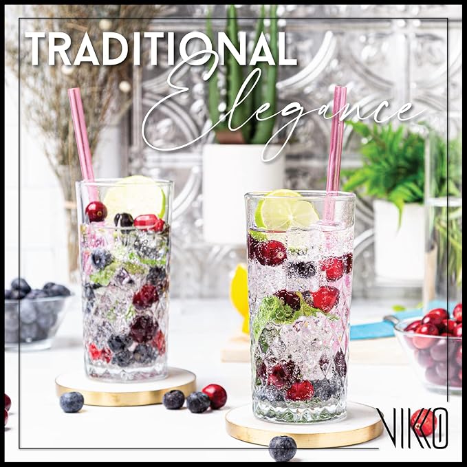 Vikko Drinking Glass, Set of 6 Crystal Style Tall Beverage Glasses, 12.25 Ounce Old Fashioned Highball Glasses, Dishwasher Safe Textured Collins Glass
