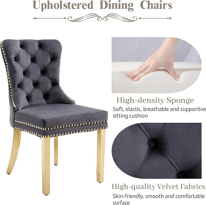 KCC Velvet Dining Chairs Set of 2, Upholstered High-end Tufted Dining Chair with Nailhead Back Ring Pull Trim Stainless Steel Legs, Contemporary Nikki Collection Modern Style for Kitchen, Dark Gray
