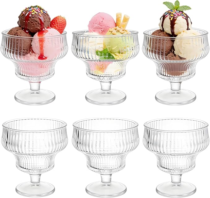 Set of 6 Glass Ice Cream Bowls, 10 Oz Vintage Heavy Base Footed Dessert Cup Set, Stripes Clear Embossed Glass Serving Bowls for Sundae, Ice Cream, Fruit, Parfait
