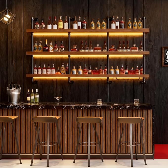 Large Wine Rack with LED Light Solid Wood Wall Mounted Wine Rack, 3-Tiers Liquor Bottles Floating Shelves Display Storage Organizer for Home Bar & Dining Room (80cm/31.4in)