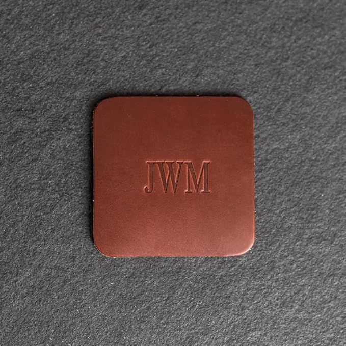 Ox & Pine Personalized Leather Coaster - Sold Individually or in Sets of 4 - Customize Inscription - 100% Full-Grain Leather – 4" Round or 4" Square (Square, Stone Natural, 1 Individual Coaster)