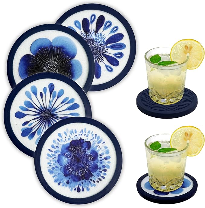 Indigo Floral Non-Slip Silicone Coasters, 4-Pack Double-Sided Absorbent Cup Mats for Hot & Cold Drinks, Scratch & Water Ring Protection for Wood Tables, Home Office Bar Use (4PC)