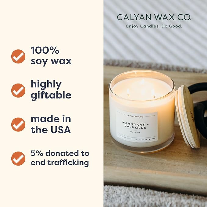 Calyan Wax Co. Mahogany & Cashmere 3 Wick Scented Candle - 43 Hour Burn - Luxury 3 Wick Soy Candles - Non Toxic Soy Wax Candles - Long Lasting Large Glass Jar Candle for Home - 14.9oz