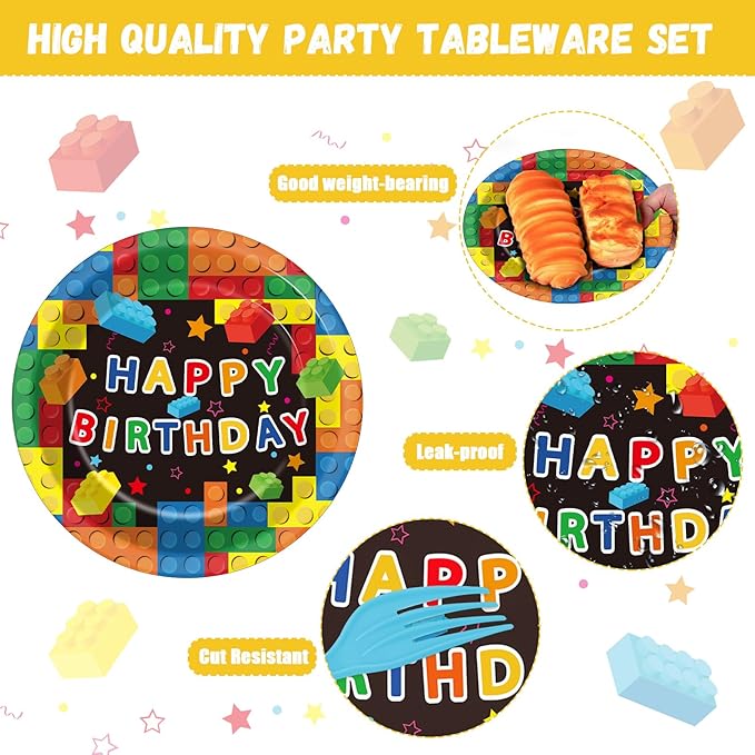 200 Pcs Building Blocks Birthday Party Supplies Paper Plates Napkins Colorful Blocks Party Birthday Decorations Favors for Kids Bricks Serves 50