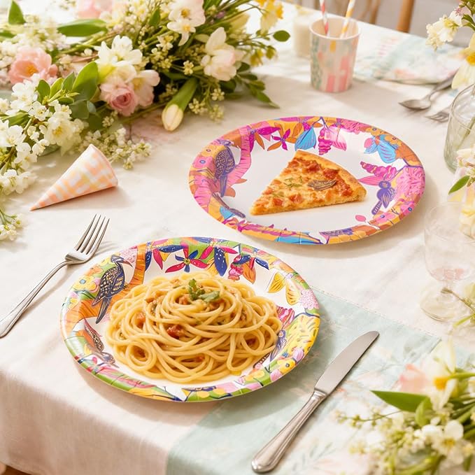 MUCHII 8.5 Inch Floral Bird Paper Plates 160 Count - 4 Vintage Designs, 40 Each - Decorative Disposable Dessert Plates for Parties, Wedding, Shower, Tea Party