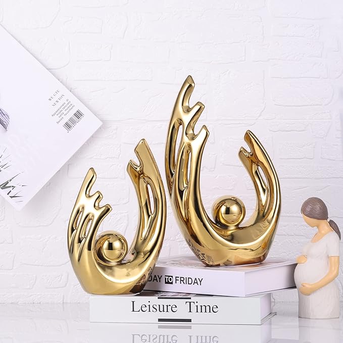 LCCCK 12" H Gold Aesthetic Room Decor Accent, TV Stand Funky Table Centerpiece, Abstract Art Ceramic Statue and Sculpture, Gold Decor for Living Room, Bookshelf Decorative Objects, Shelf Decor