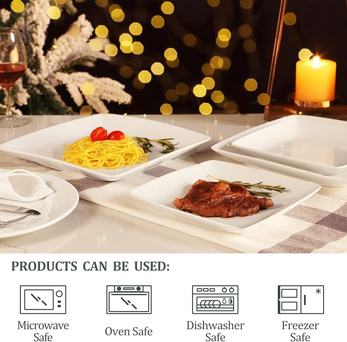 Yedio Porcelain Square Dinner Plates, 10.75 Inch Square Serving Plate for Steak, Pasta, Salad, Snacks, Pizza, Appetizer Plates, Set of 6, White
