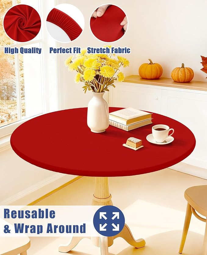 Round Spandex Christmas Tablecloth 2 Pack, Elastic Fitted Waterproof Tablecloths for 31"-35" Tables, Stretch Washable Picnic Table Cover for Camping, Dining, Indoor and Outdoor, Red
