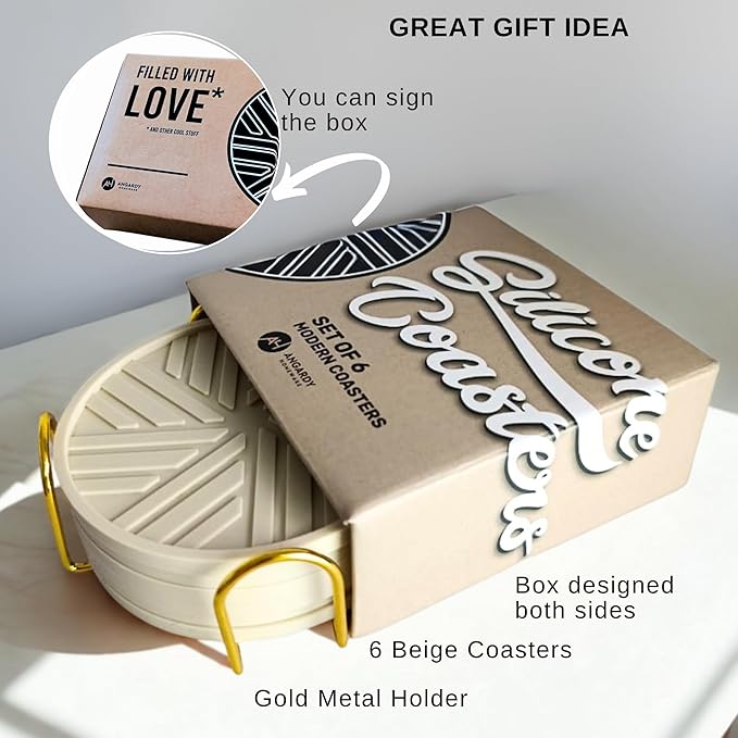Beige Silicone Drinks Coasters Set of 6 - with Gold Holder, Smart Modern Grooved Pattern to Prevent Sticking from Cups, Protecs to Coffee Tables - Boho Vinatge Home Office bar Decor
