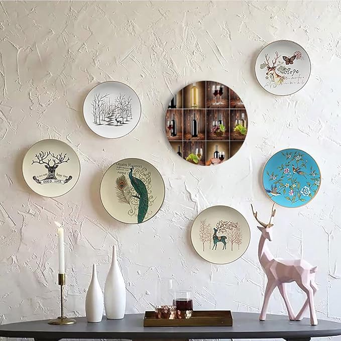 Ceramic Plates, Wine Decorative Ceramic Plates, Wine Themed Collage on Wooden Backdrop with Grapes and, 6 Inch, Household Plates Decorative, Brown Black Red