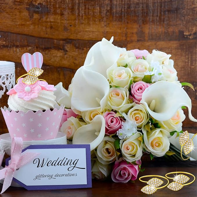 Hotop 12 Piece Valentine's Day Napkin Rings Gold Table Decorations, Elegant Bling Leaves Napkin Rings, Rhinestone Guest Towels Buckle for Holiday Gather Party, Wedding Dinner Banquet Table Decoration
