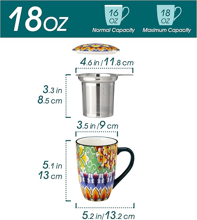 vancasso Ceramic Tea Mug with Infuser and Lid, 18 Ounce Bohemian Loose Leaf Cup, Microwave & Dishwasher Safe, Perfect for Tea, Coffee, Lime-Green Fiesta