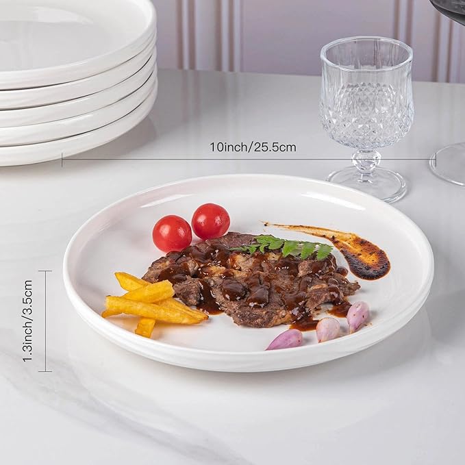 White Dinner Plates Set of 6, 10 Inch Ceramic Ribbed Texture Salad Plates, Kitchen Serving Dishes for Pizza, Steak, Microwave & Dishwasher Safe, Scratch Resistant