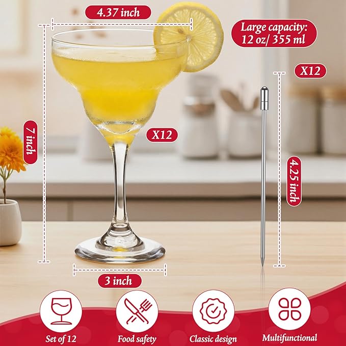 Maxdot 12 Set 12 oz Large Margarita Glasses with Metal Cocktail Picks Crystal Stemmed Martini Cocktail Glass Bulk Clear Daiquiri Margarita Cups for Home Parties Wedding Pina Coladas Frozen Drinks
