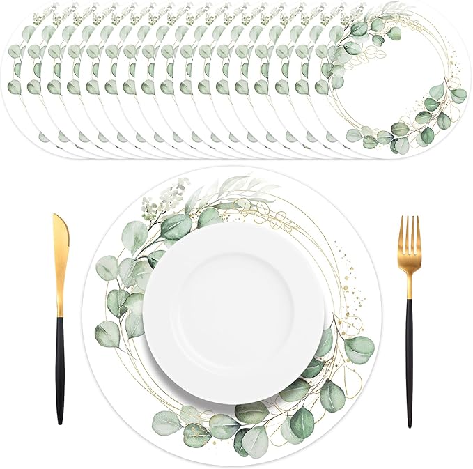 50PCS Eucalyptus & Gold Disposable Paper Placemats 13.5 Inch Spring Summer Round Eucalyptus Leaves Table Mats for Weddings, Bridal Showers & Modern Dining