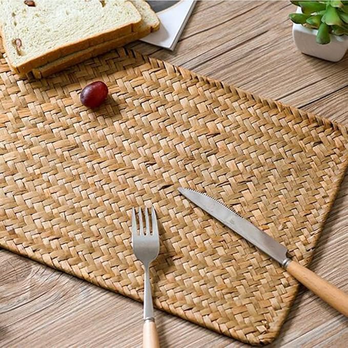 Natural Woven Rattan Rectangular Placemats for Dining Table, Set of 4