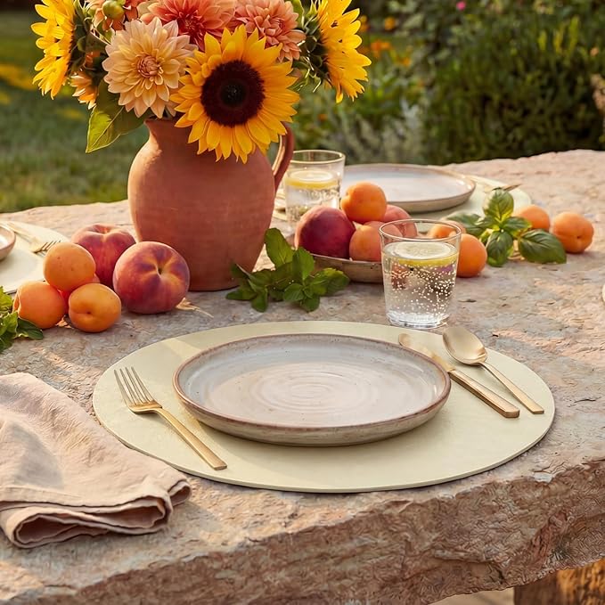 Artoid Mode Beige Faux Leather Placemats Set of 6, 15 Inch Waterproof Wipeable Heat Resistant Vinyl Place Mats, Reversible Table Mats for Kitchen Dining Decor