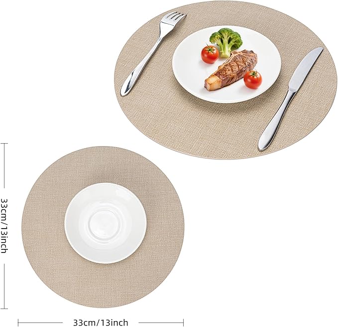 Round Wipeable Placemats Set of 4 – Faux Leather Round Table Mats, Waterproof & Washable Vinyl Placemats, Circle Design for Dining Table Decor– Taupe